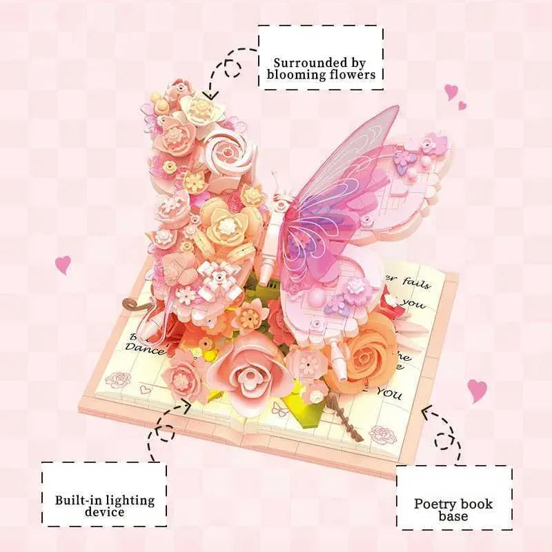 Butterfly Flower Building Blocks 3D Building Set Desktop Ornament with LED Lighting Holiday Gift
