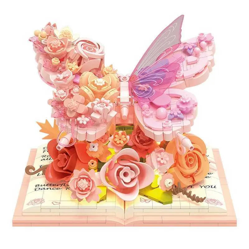 Butterfly Flower Building Blocks 3D Building Set Desktop Ornament with LED Lighting Holiday Gift
