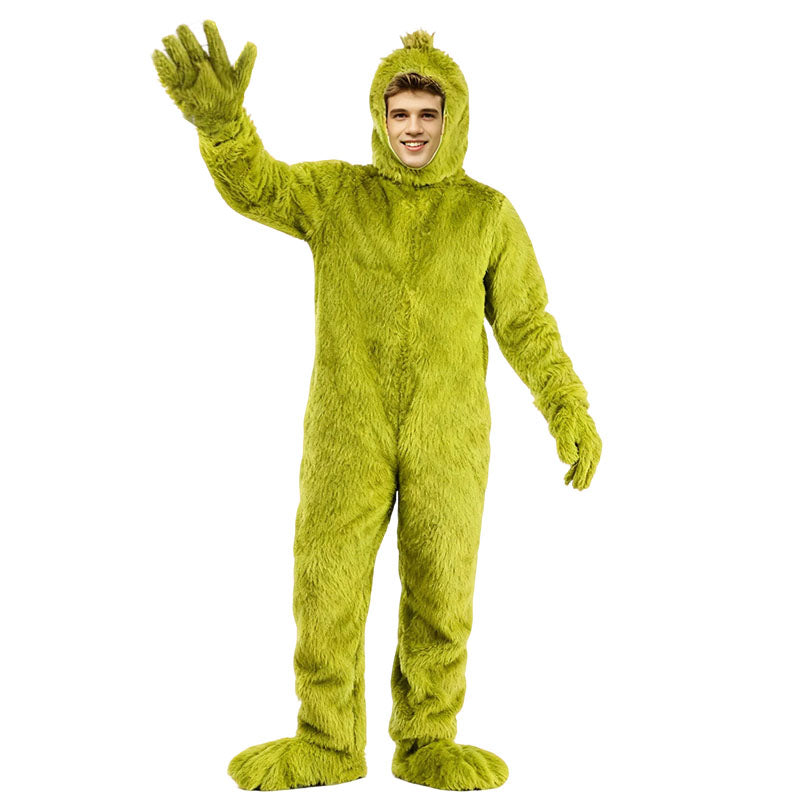 Green Monster Costume Christmas Furry Hooded Jumpsuit Gloves and Shoes Covers Suit for Kids Adults