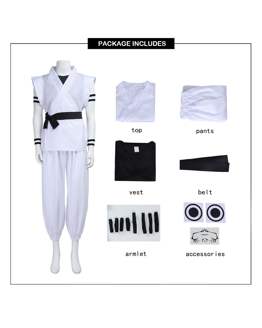 Sukuna Sleeveless Kimono Set White Combat Uniform Tops Pants Vest with Accessories