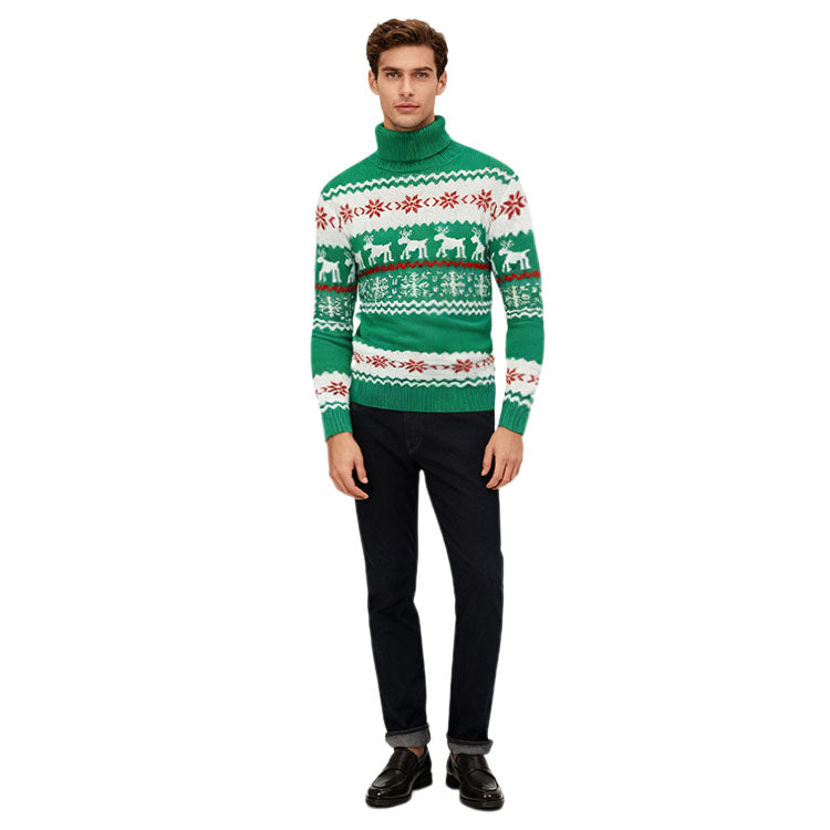 Men's Ugly Christmas Sweater Brothers Green Pullover Turtleneck Sweater