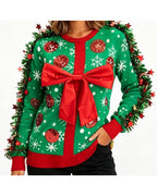 Women's Ugly Christmas Sweater 3D Long Sleeve Pullover with Tinsel Garland and Red Bow for Xmas Party