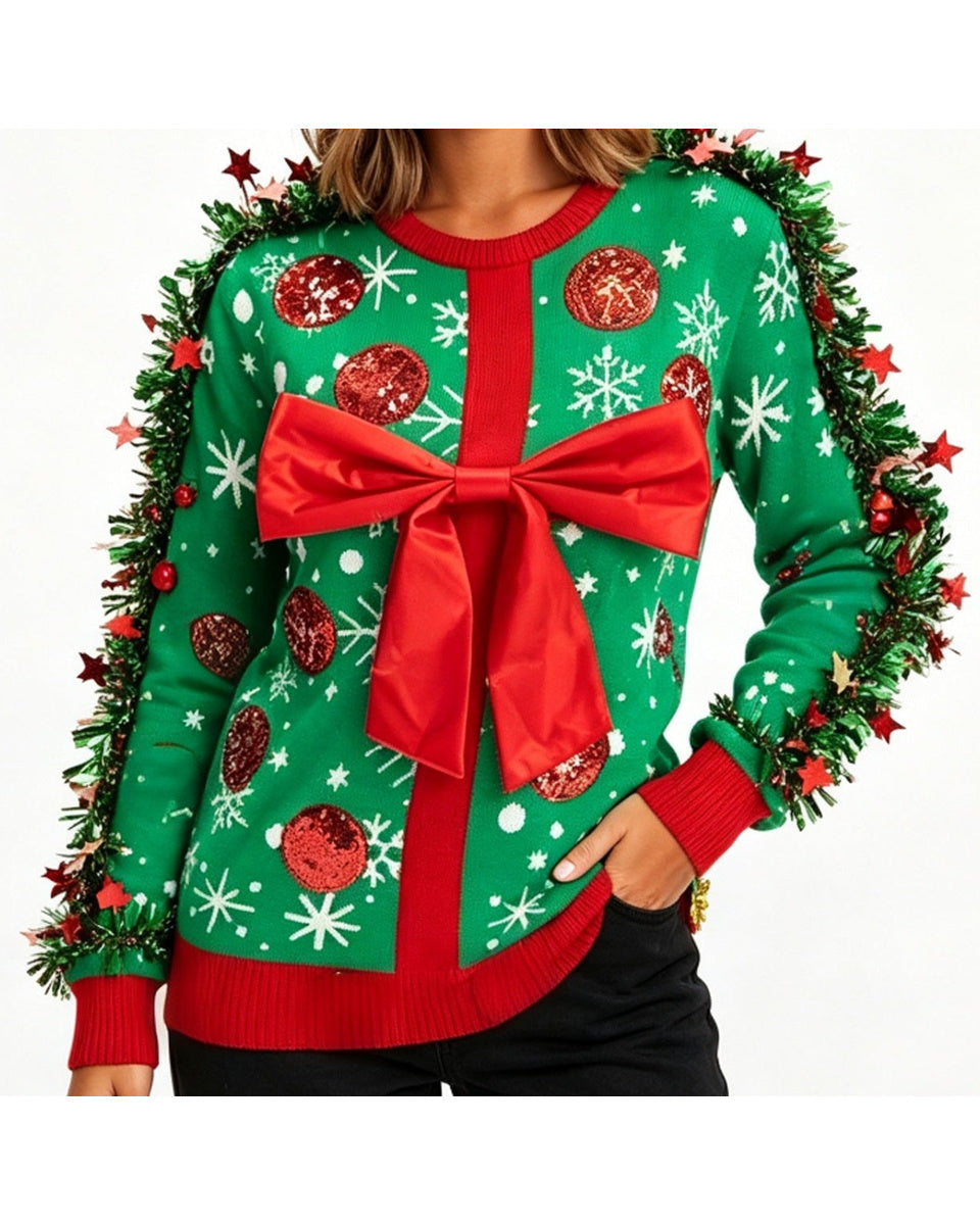 Women's Ugly Christmas Sweater 3D Long Sleeve Pullover with Tinsel Garland and Red Bow for Xmas Party