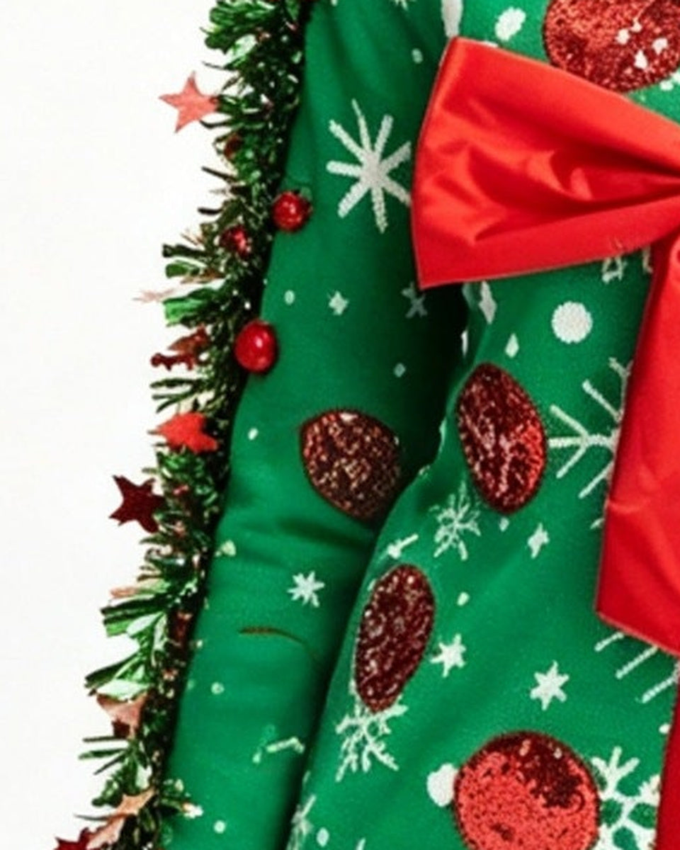 Women's Ugly Christmas Sweater 3D Long Sleeve Pullover with Tinsel Garland and Red Bow for Xmas Party
