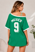 Women's Mexico Soccer Jersey Sexy One Shoulder Green Strappy Shirt for Sports Game Day Party