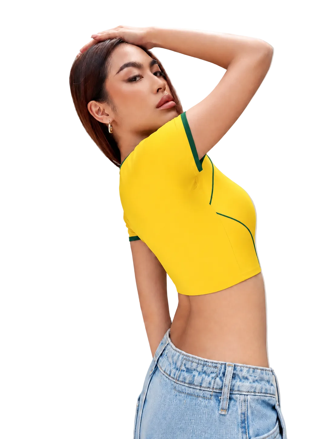 Women Brazil Jersey Yellow Short Sleeve Crop Top Slim Fit Shirt for Stadium Sports Cheering Parties