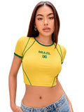 Women Brazil Jersey Yellow Short Sleeve Crop Top Slim Fit Shirt for Stadium Sports Cheering Parties