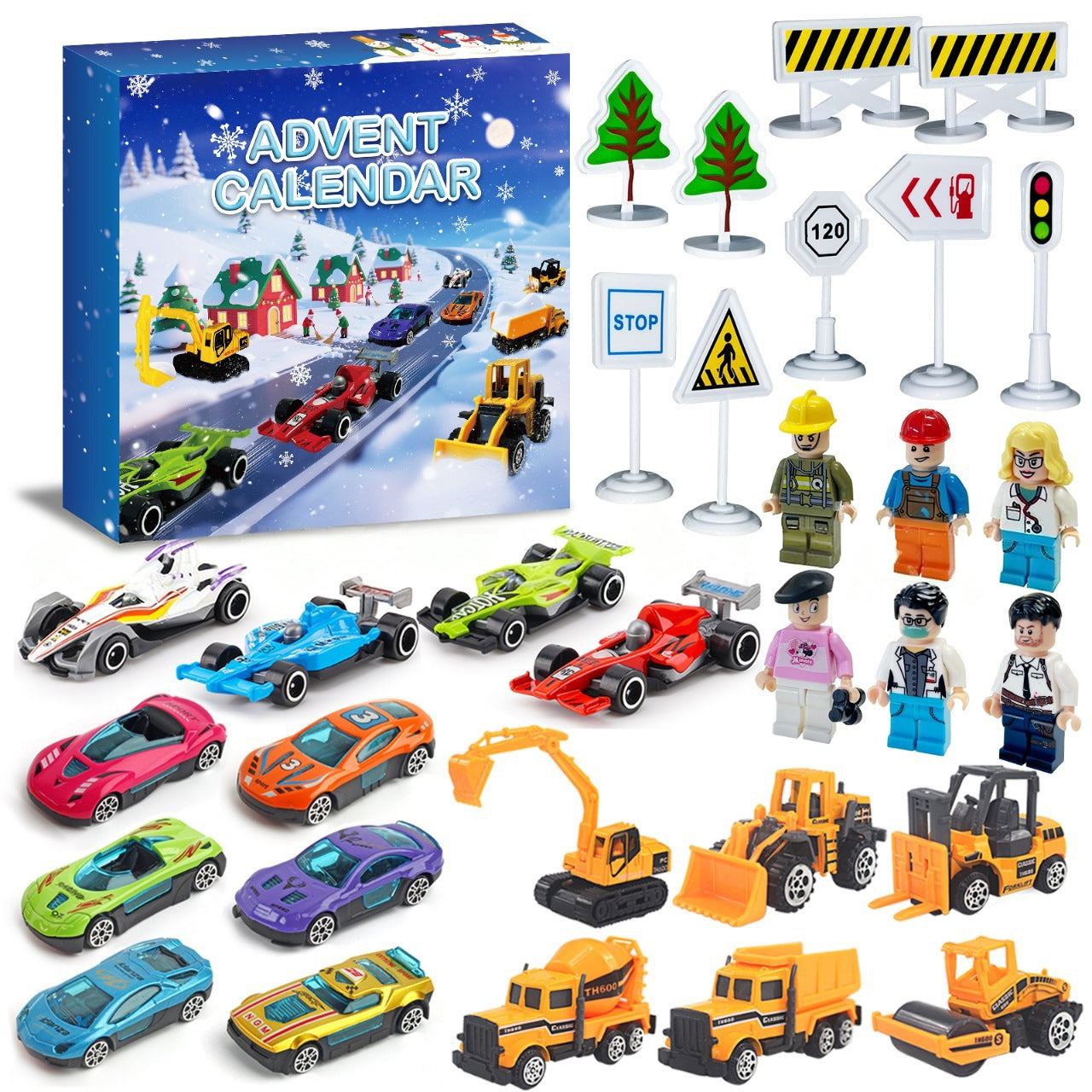 Christmas Advent Calendar 2025 Pullback Car Alloy Construction Vehicle Racing Set Holiday Gift