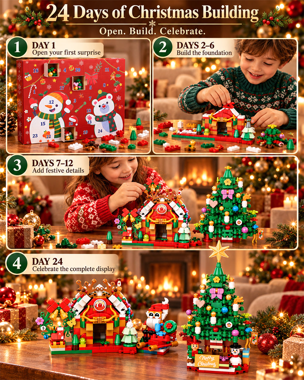 2026 Christmas Building Block Advent Calendar 24 Days 2-in-1 Dual Scene Playset for Kids Adults