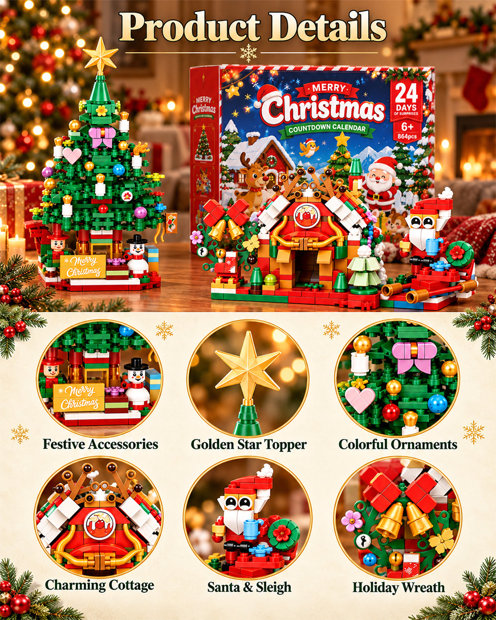 2026 Christmas Building Block Advent Calendar 24 Days 2-in-1 Dual Scene Playset for Kids Adults