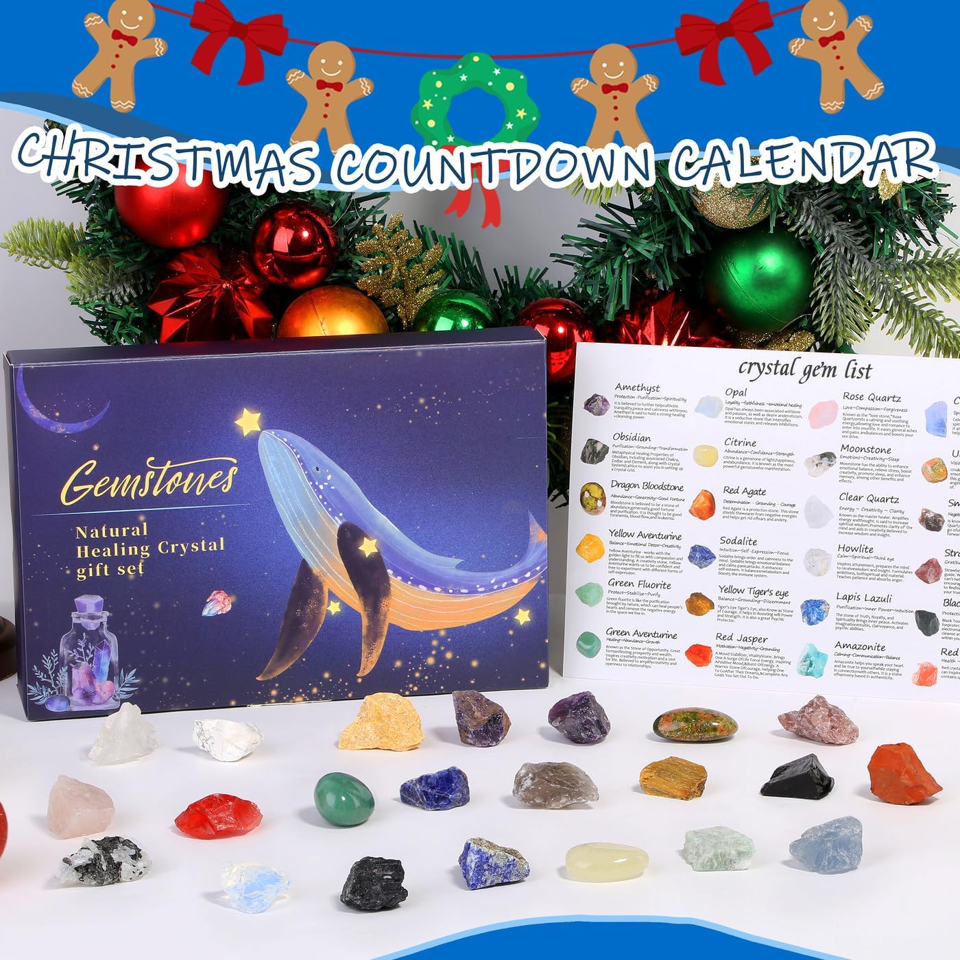 Christmas Advent Calendar 2025 Crystal Gemstone Blind Box with 24pcs Natural Crystal Holiday Gift