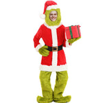 Christmas Green Monster Costume Kids Adults Furry Santa 6pcs Suit Unisex Xmas Outfit