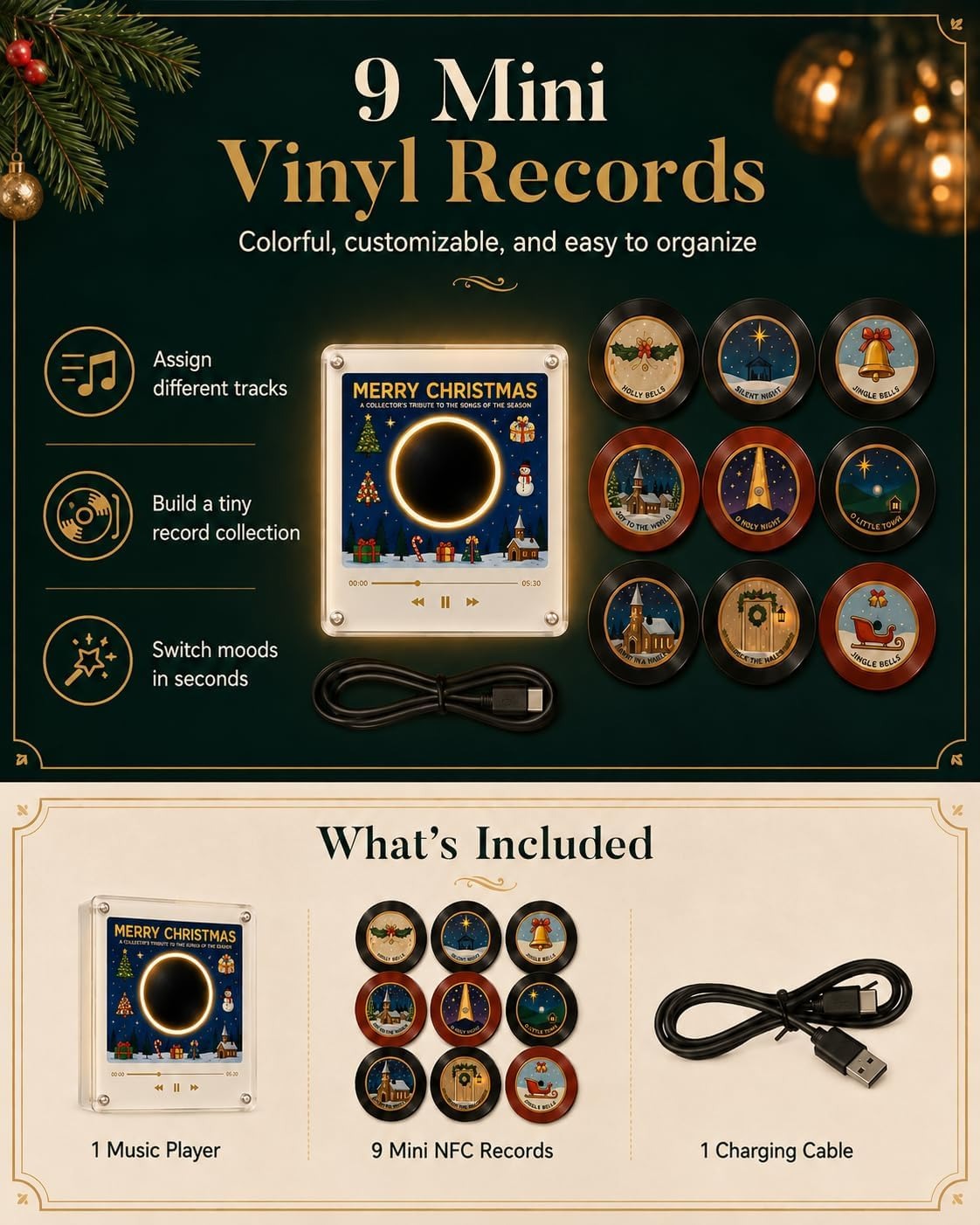 Christmas Mini Record Player NFC Magnetic Music Box with 9 Records and 360° LED Light