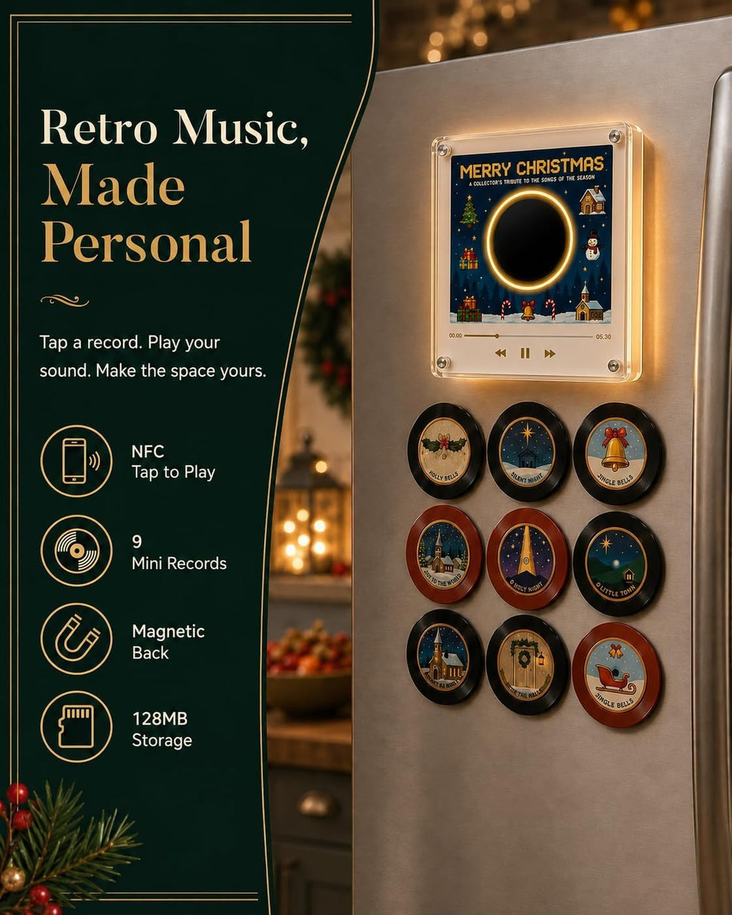 Christmas Mini Record Player NFC Magnetic Music Box with 9 Records and 360° LED Light