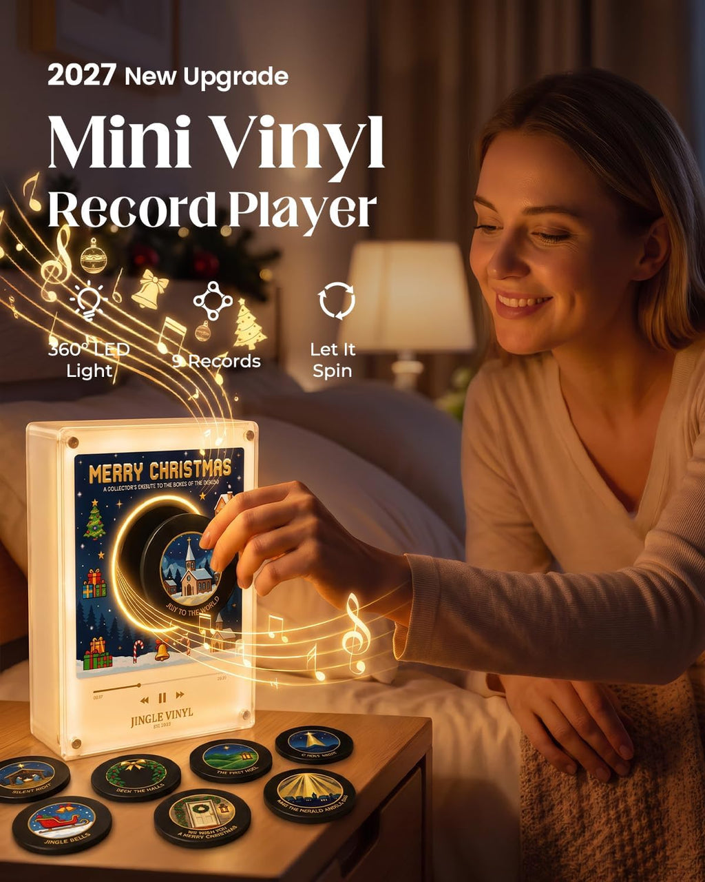 Christmas Mini Record Player NFC Magnetic Music Box with 9 Records and 360° LED Light