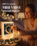 Christmas Mini Record Player NFC Magnetic Music Box with 9 Records and 360° LED Light