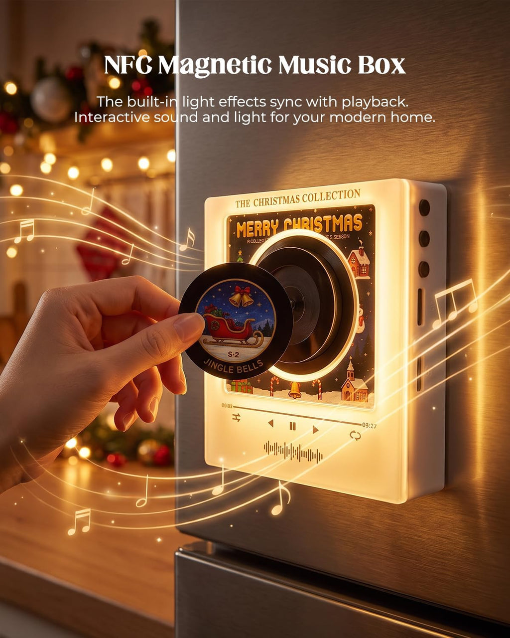 Christmas Mini Record Player NFC Magnetic Music Box with 9 Records and 360° LED Light