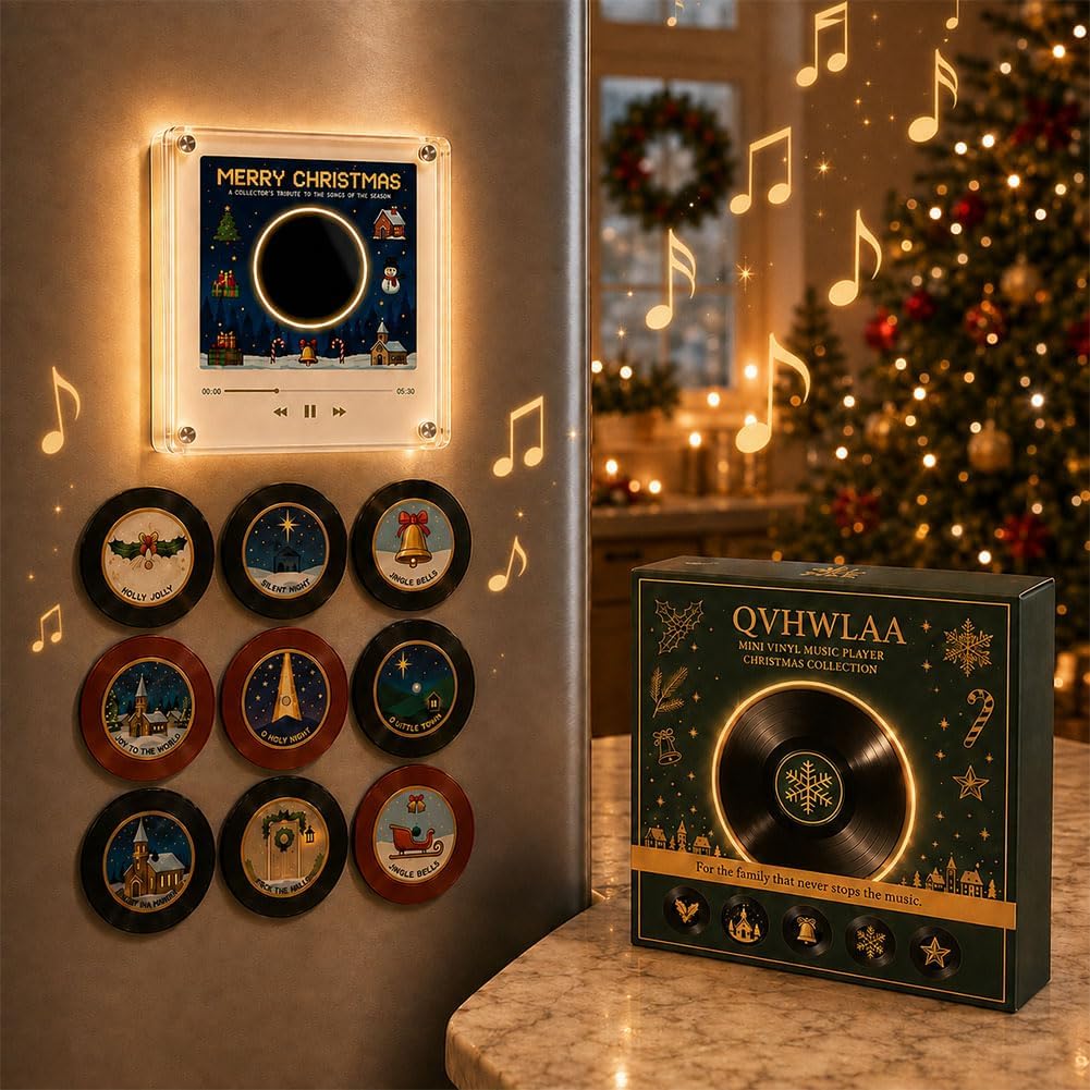 Christmas Mini Record Player NFC Magnetic Music Box with 9 Records and 360° LED Light