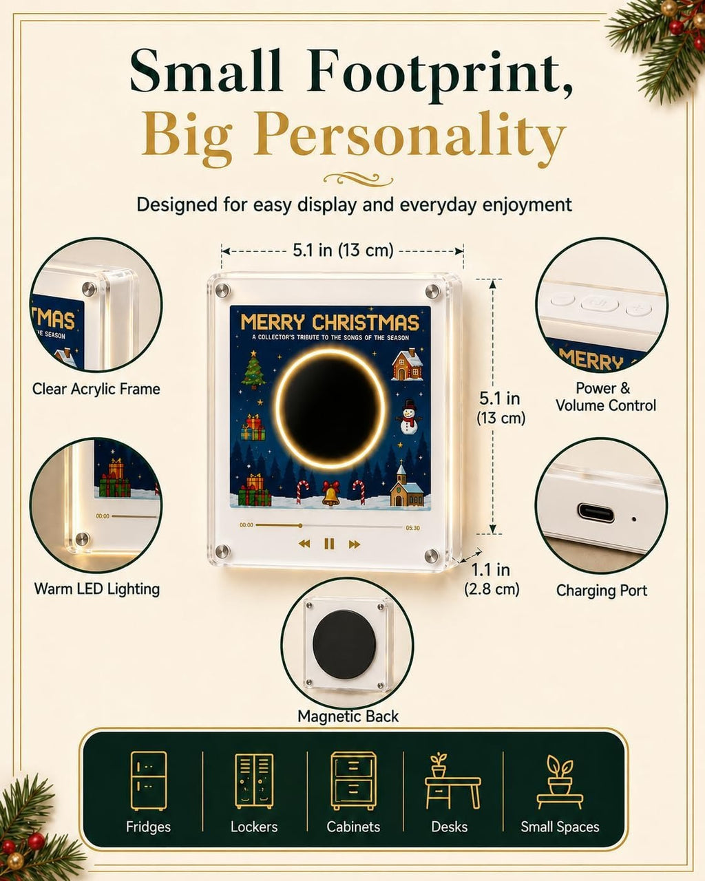 Christmas Mini Record Player NFC Magnetic Music Box with 9 Records and 360° LED Light