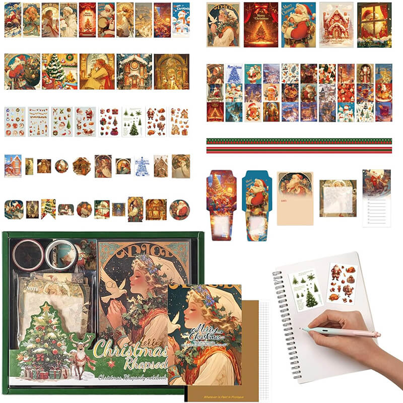 Christmas Scrapbook Stickers Set with Notebook Greeting Card Decals Sticky Notes DIY Sticker Books Holiday Decoration