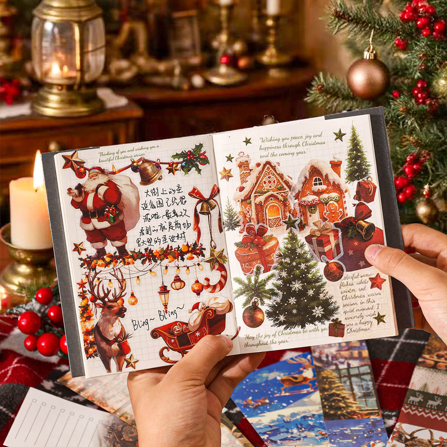 Christmas Scrapbook Stickers Set with Notebook Greeting Card Decals Sticky Notes DIY Sticker Books Holiday Decoration