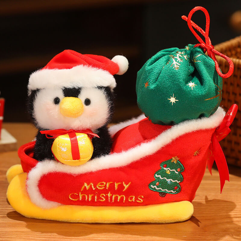 Christmas Sleigh Plush Toys Stuffed Animals Santa Claus Snowman Penguin Doll Movable Sleigh Holiday Toys