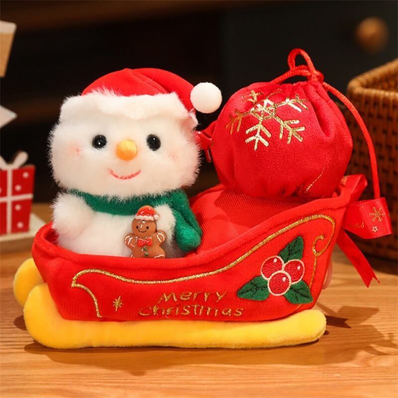 Christmas Sleigh Plush Toys Stuffed Animals Santa Claus Snowman Penguin Doll Movable Sleigh Holiday Toys