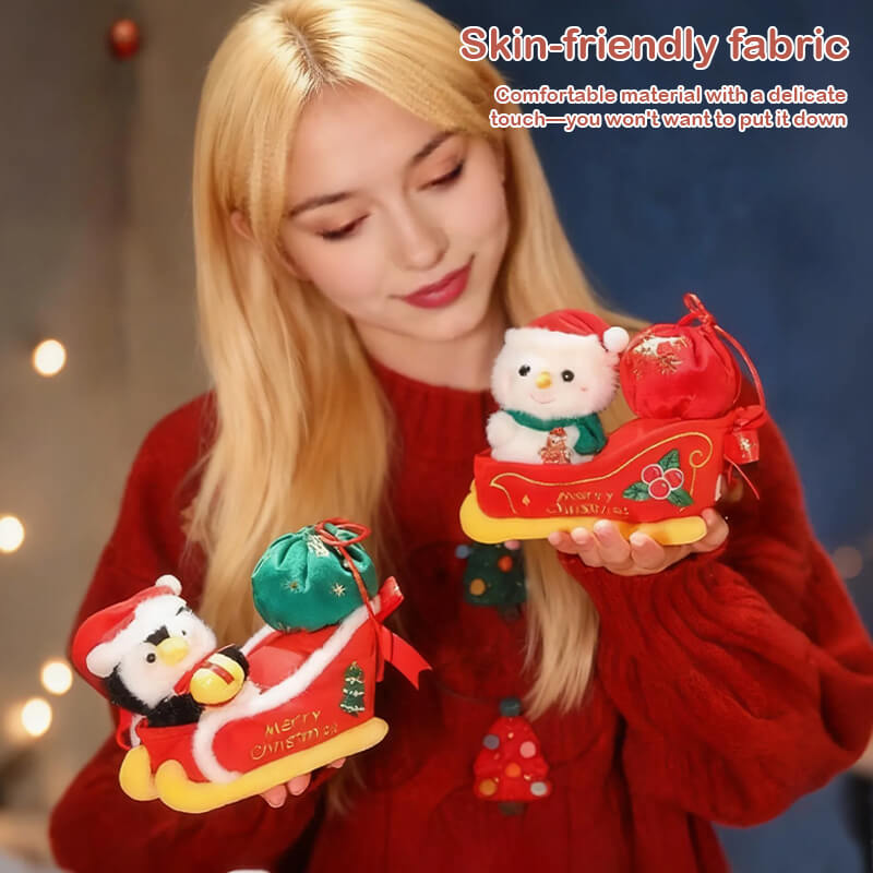 Christmas Sleigh Plush Toys Stuffed Animals Santa Claus Snowman Penguin Doll Movable Sleigh Holiday Toys