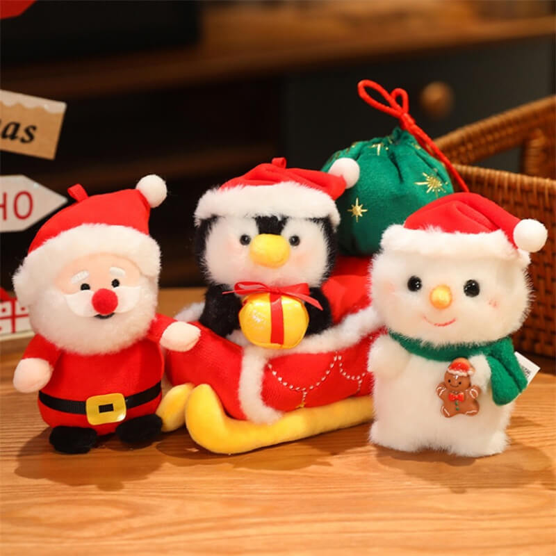 Christmas Sleigh Plush Toys Stuffed Animals Santa Claus Snowman Penguin Doll Movable Sleigh Holiday Toys