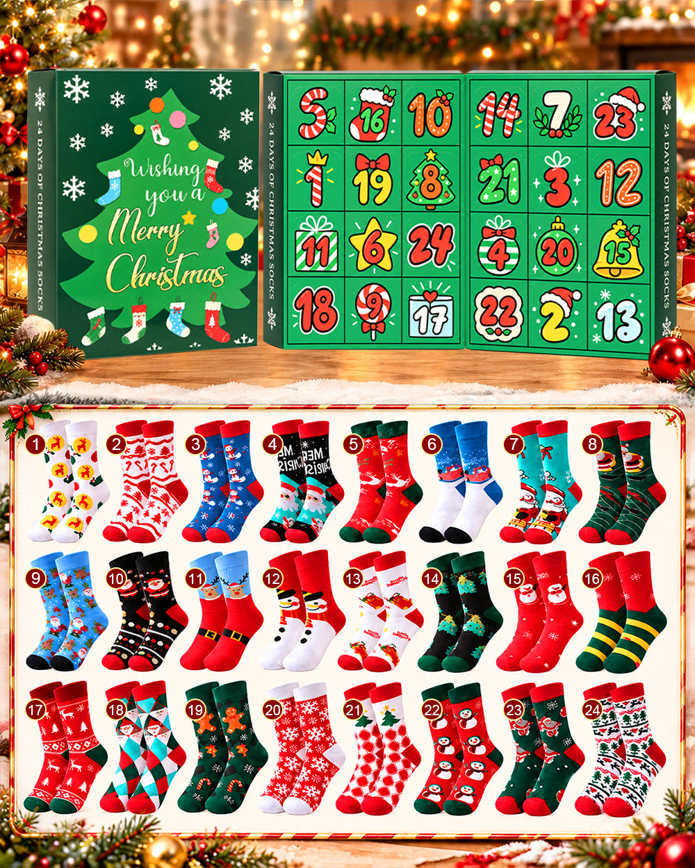 2026 Christmas Socks Advent Calendar 24 Pairs Festive Holiday Crew Cotton Socks Countdown Gift for Women Men