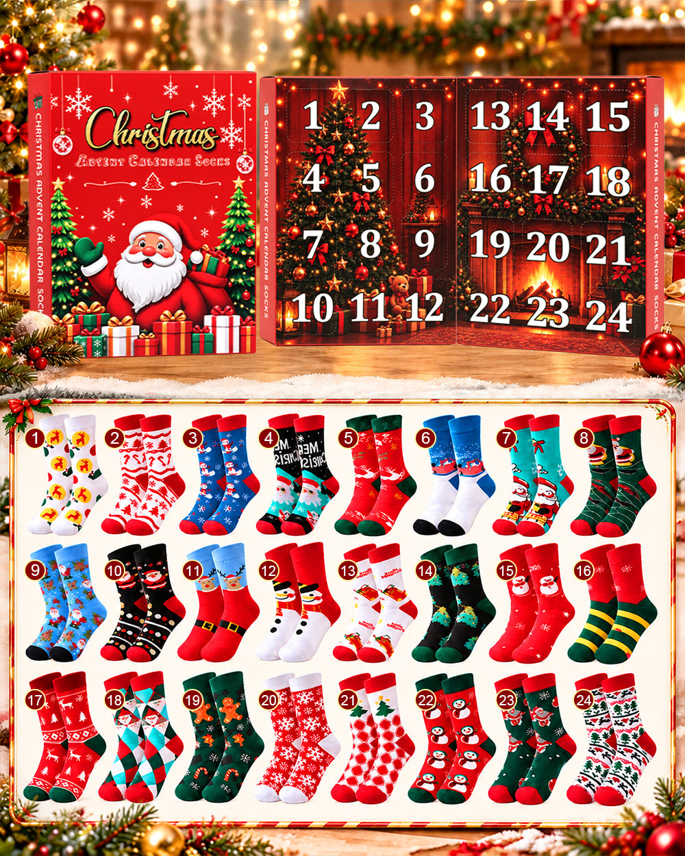 2026 Christmas Socks Advent Calendar 24 Pairs Festive Holiday Crew Cotton Socks Countdown Gift for Women Men