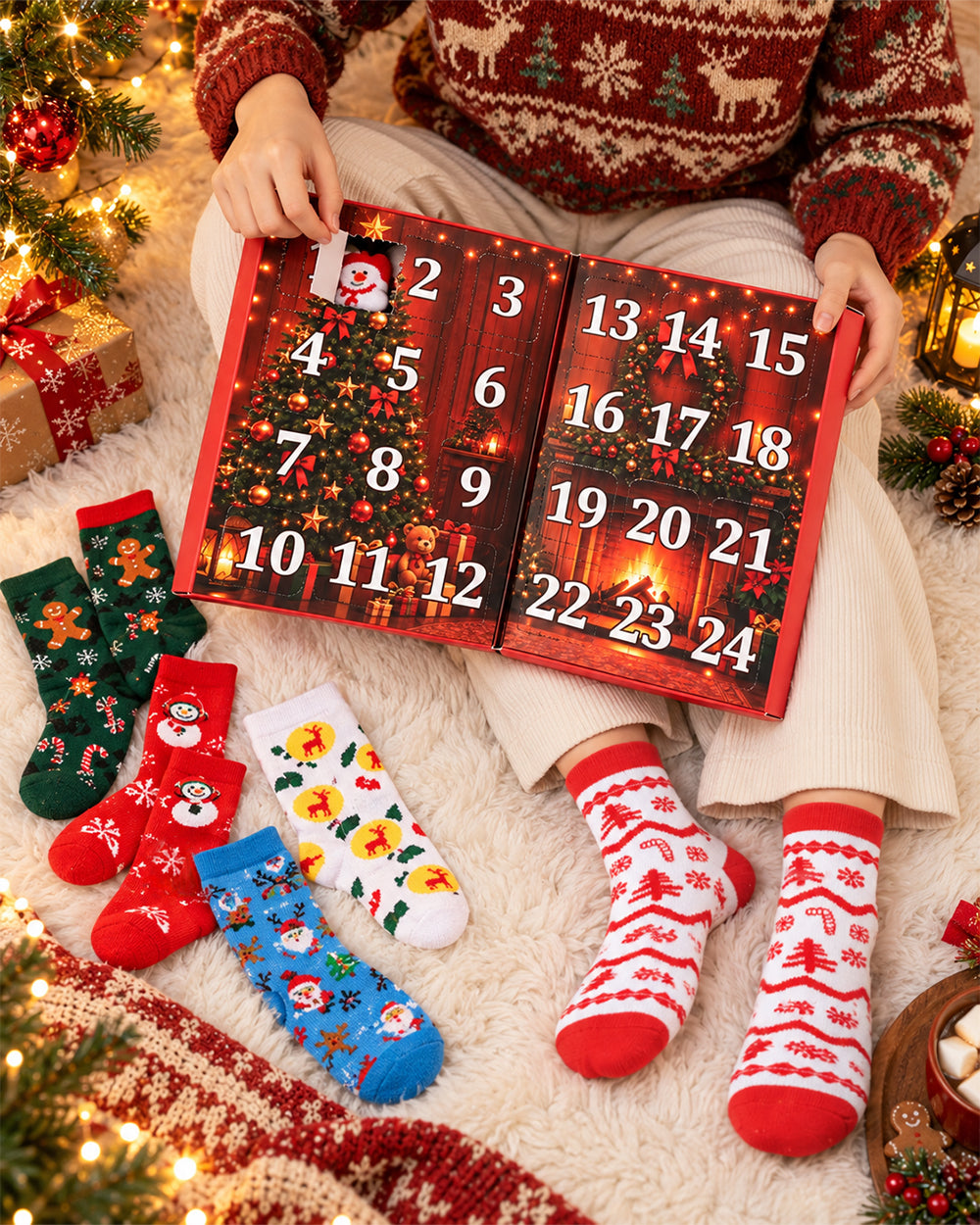 2026 Christmas Socks Advent Calendar 24 Pairs Festive Holiday Crew Cotton Socks Countdown Gift for Women Men