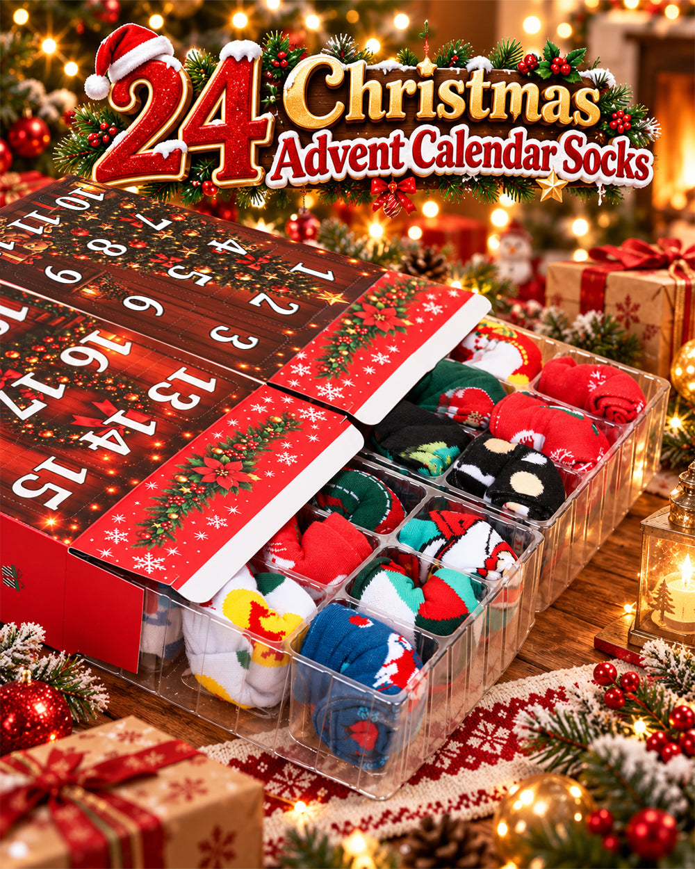 2026 Christmas Socks Advent Calendar 24 Pairs Festive Holiday Crew Cotton Socks Countdown Gift for Women Men