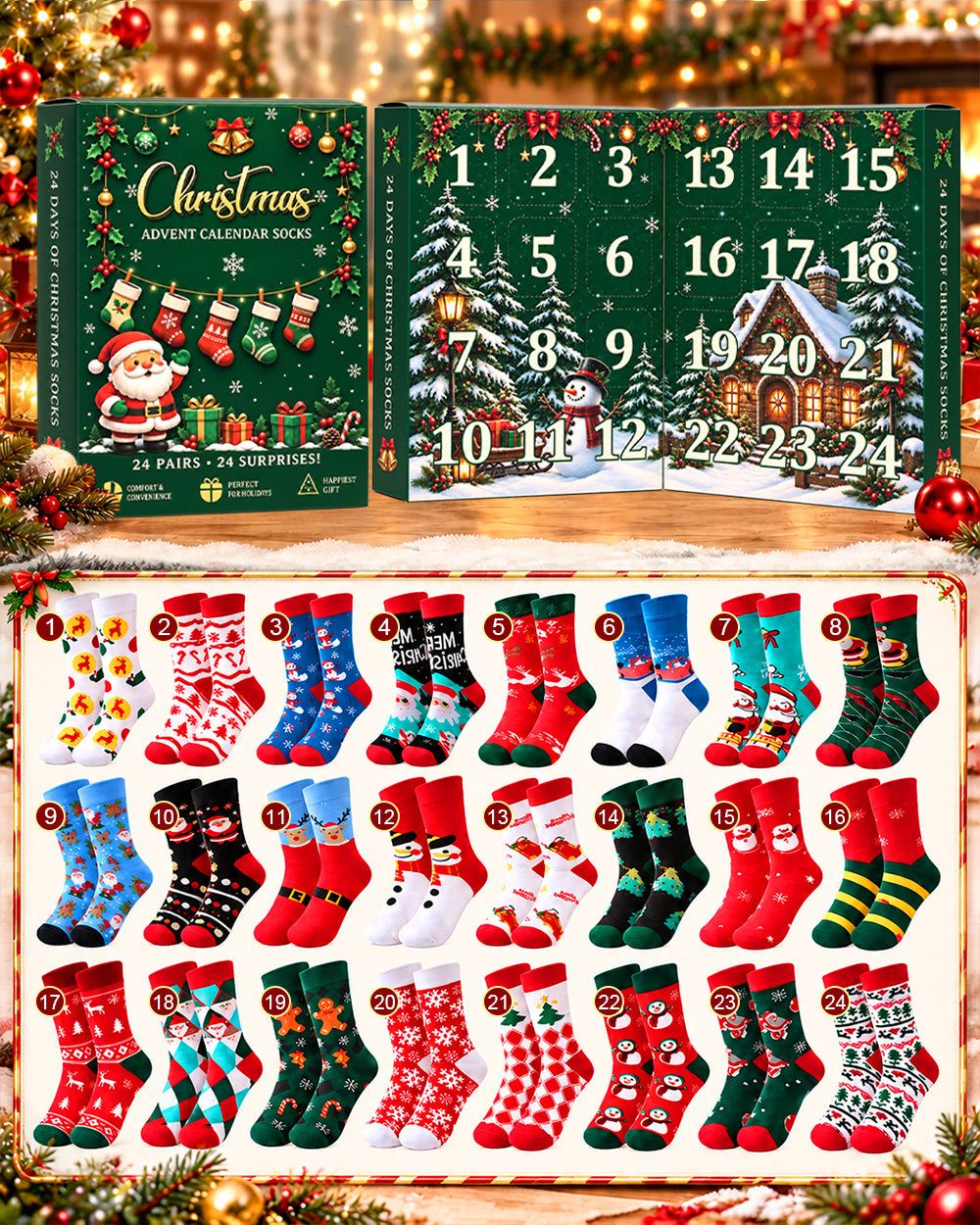 2026 Christmas Socks Advent Calendar 24 Pairs Festive Holiday Crew Cotton Socks Countdown Gift for Women Men