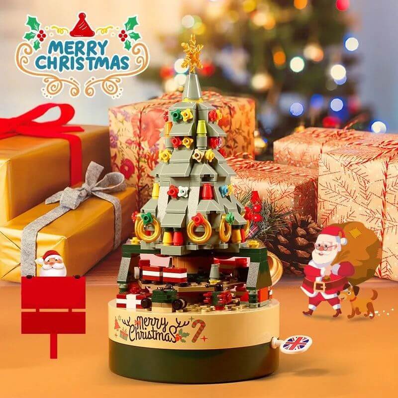 Christmas Tree Building Blocks Set 360° Rotating Tree Music Box with Led Lighting DIY Holiday Gift Set