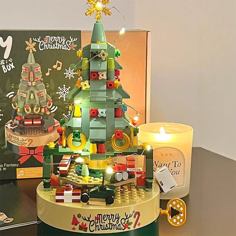 Christmas Tree Building Blocks Set 360° Rotating Tree Music Box with Led Lighting DIY Holiday Gift Set