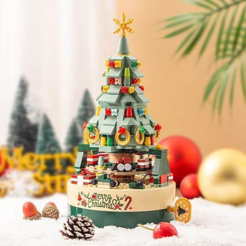 Christmas Tree Building Blocks Set 360° Rotating Tree Music Box with Led Lighting DIY Holiday Gift Set