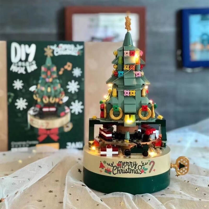 Christmas Tree Building Blocks Set 360° Rotating Tree Music Box with Led Lighting DIY Holiday Gift Set