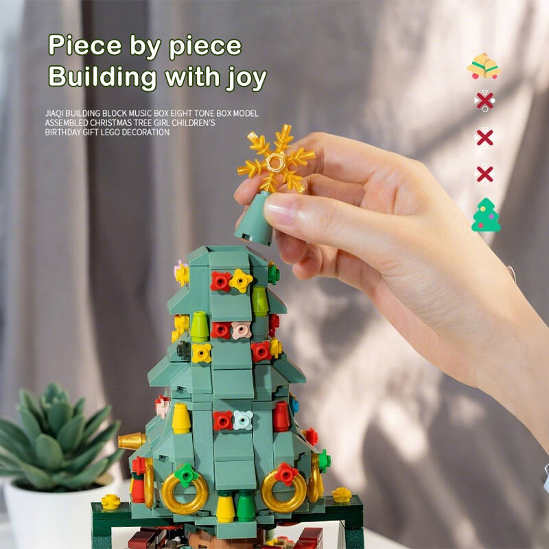 Christmas Tree Building Blocks Set 360° Rotating Tree Music Box with Led Lighting DIY Holiday Gift Set