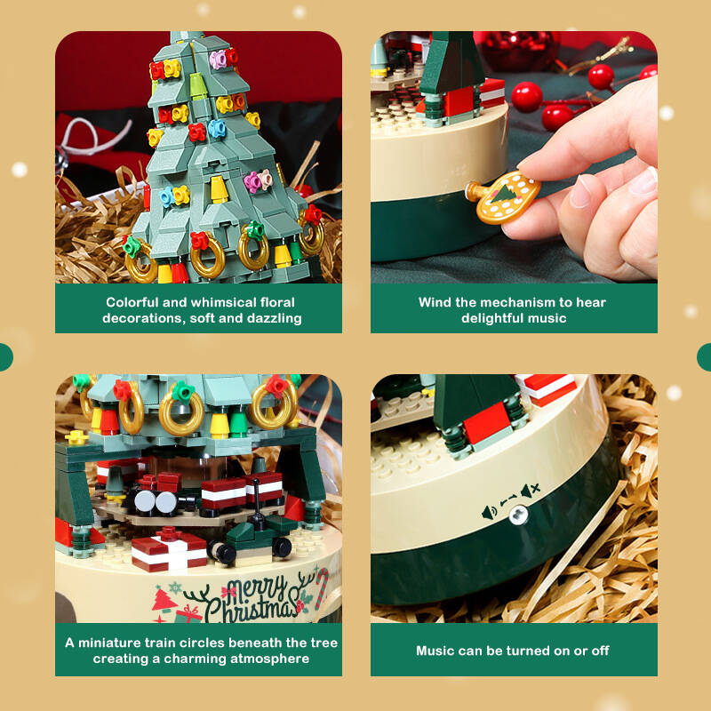 Christmas Tree Building Blocks Set 360° Rotating Tree Music Box with Led Lighting DIY Holiday Gift Set