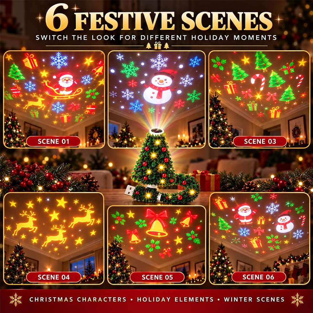 Christmas Tree Projector Light HD LED Holiday Pattern Projection Lamp with 6 Festive Scene Slides for Indoor Decorations