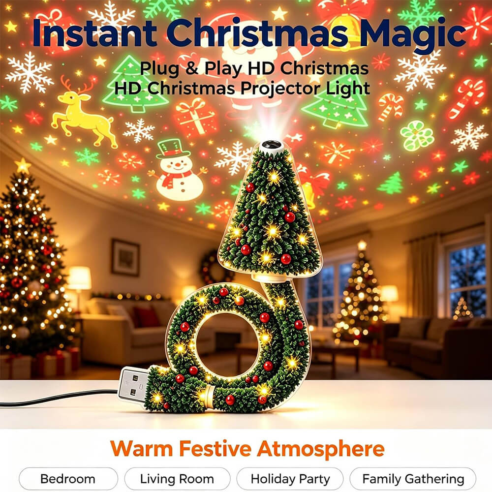 Christmas Tree Projector Light HD LED Holiday Pattern Projection Lamp with 6 Festive Scene Slides for Indoor Decorations