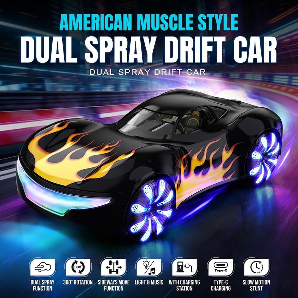 Cool RC Car Dual Spray Drift Stunt Car with Charging Pile and 360° Rotation For Kids Aged 3 and up