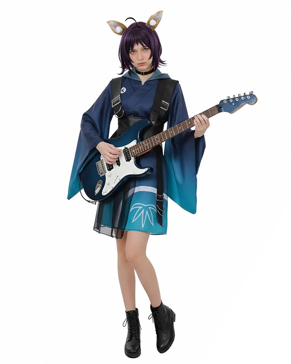 Iroha Cosplay Costume Blue Hoodie Kimono with Leather Waist Seal 3pcs Suit