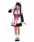 Noi Kimono Pink Maid Outfit with Ruffled Apron and Bell Sleeves for Halloween Cosplay