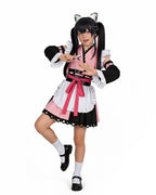 Noi Kimono Pink Maid Outfit with Ruffled Apron and Bell Sleeves for Halloween Cosplay