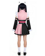Noi Kimono Pink Maid Outfit with Ruffled Apron and Bell Sleeves for Halloween Cosplay