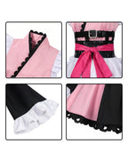 Noi Kimono Pink Maid Outfit with Ruffled Apron and Bell Sleeves for Halloween Cosplay