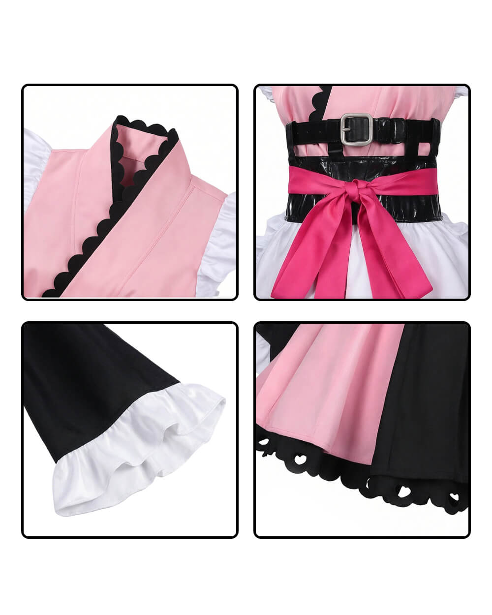 Noi Kimono Pink Maid Outfit with Ruffled Apron and Bell Sleeves for Halloween Cosplay