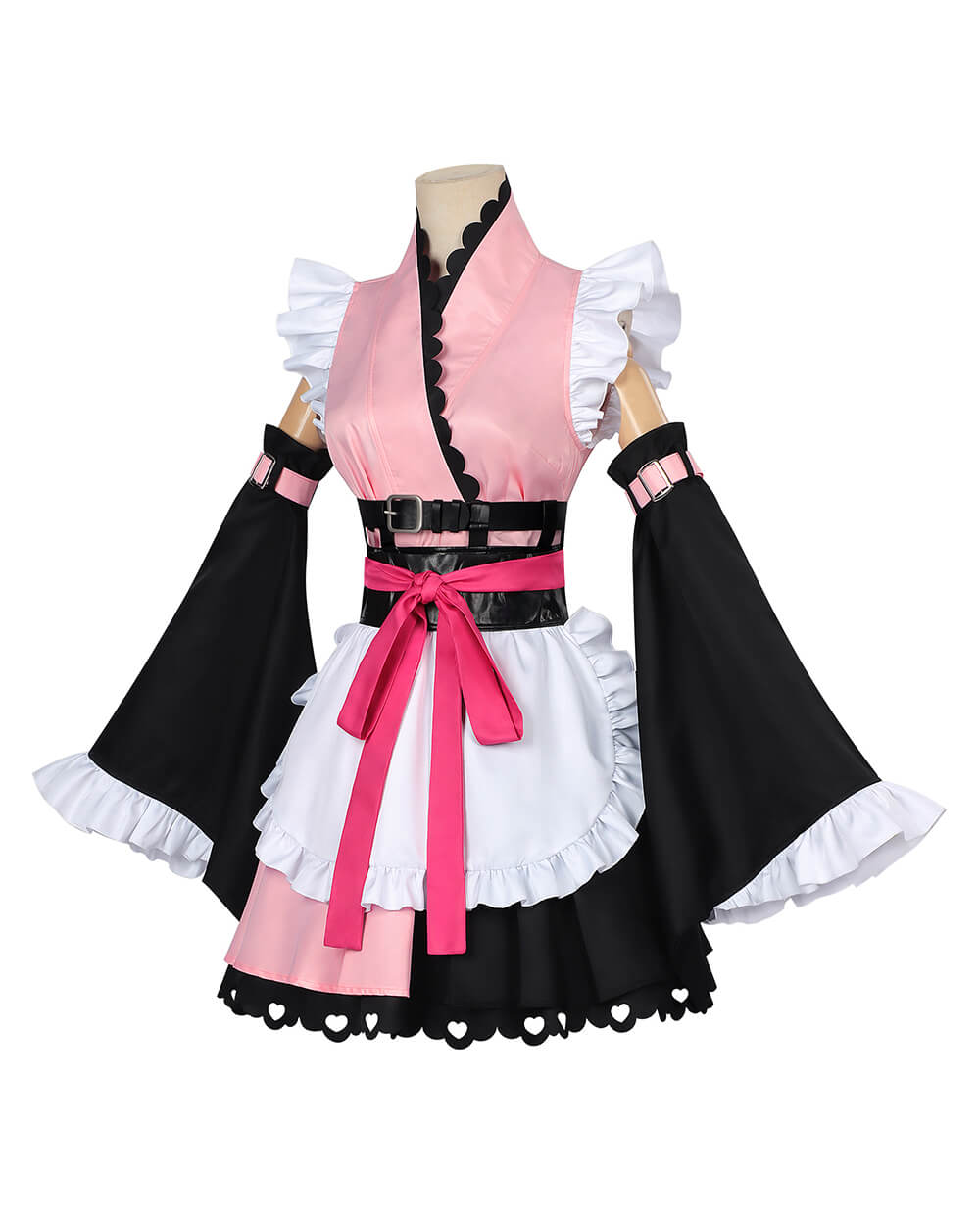 Noi Kimono Pink Maid Outfit with Ruffled Apron and Bell Sleeves for Halloween Cosplay